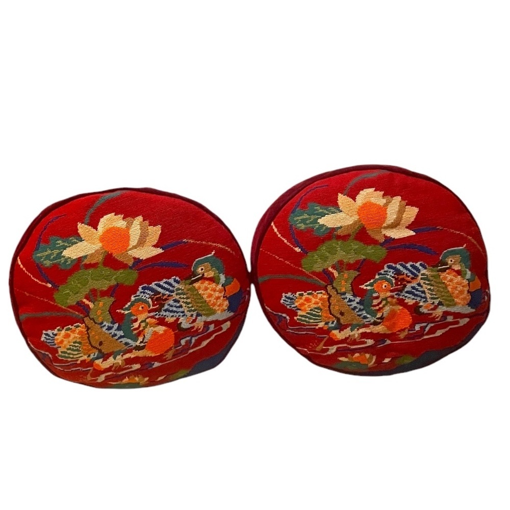 Pair Of 1980's Handmade Floral Needlepoint Round Pillow Red Multi,